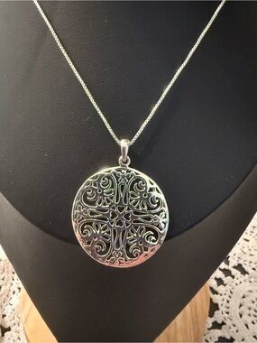 Intricate Sterling Silver Filigree Round Pendant Necklace - Women's Jewelry